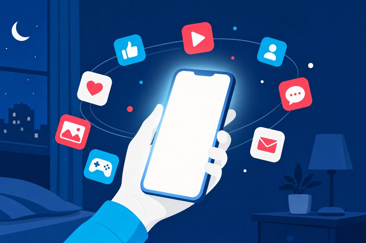 Illustration: Hand mit Smartphone, umgeben von App-Symbolen